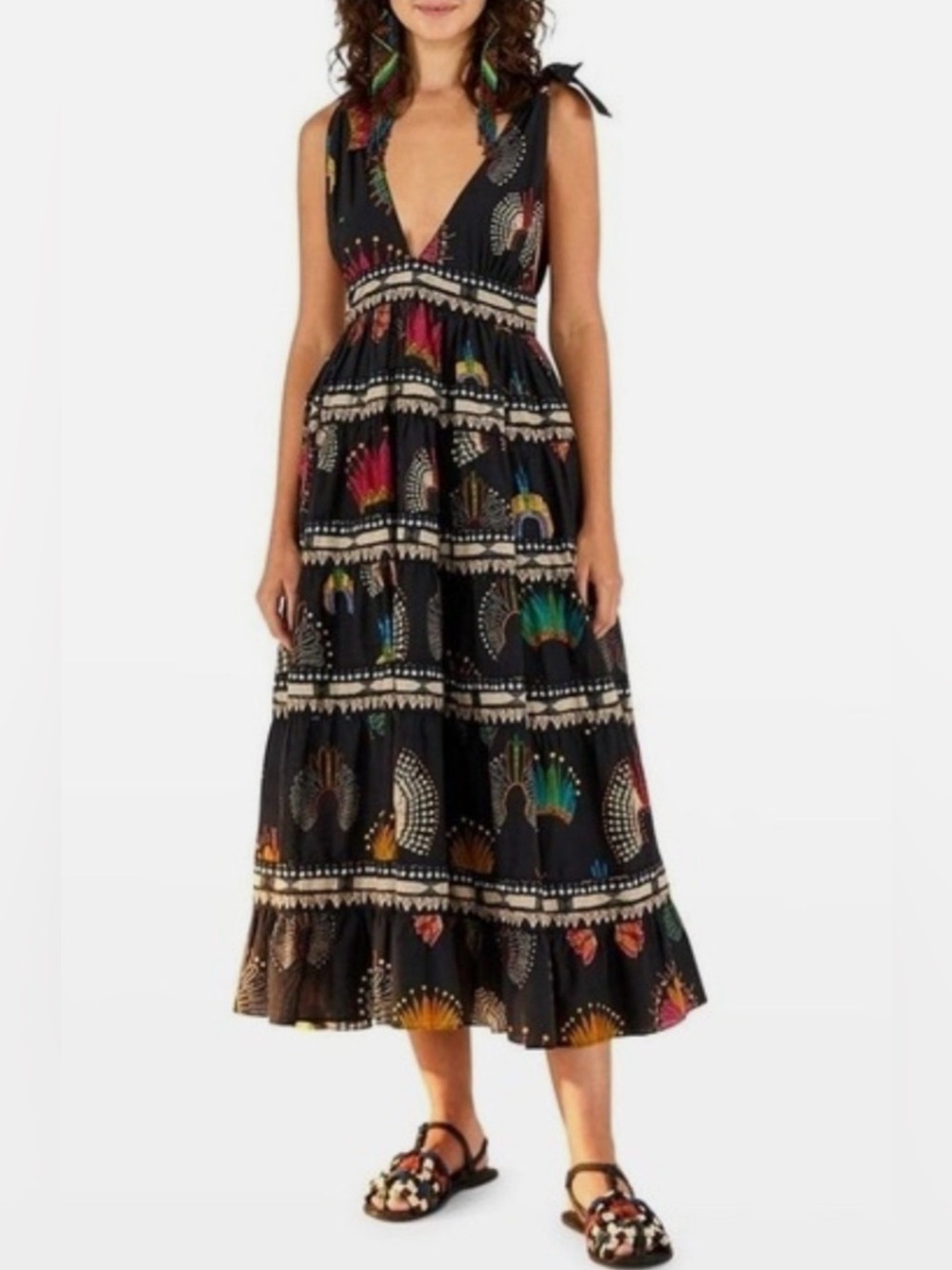 Farm Rio Tiered printed cotton-voile midi dress In Black Size Medium